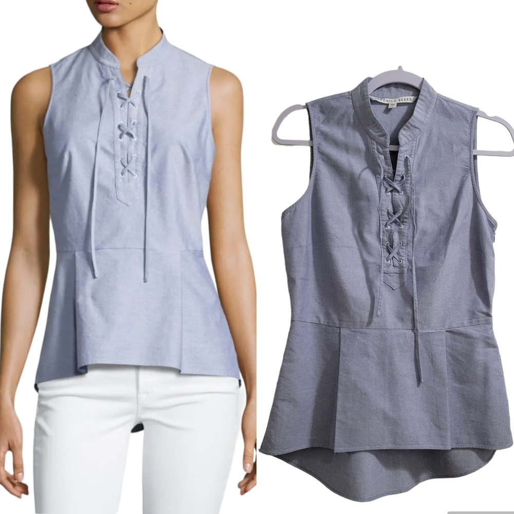 Veronica Beard Lace-Up Oxford Shirting Blue Top Size 4